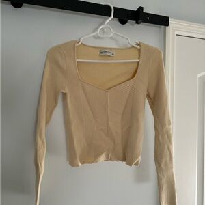 Abercrombie & Fitch Cream Ribbed Low Cut Long Sleeve Top